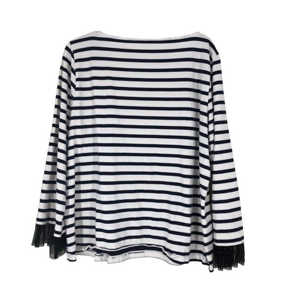 J. Crew Black & White Striped Popover Blouse w/Sheer Blk Lace Cuffs, frilly XXL - Picture 2 of 7